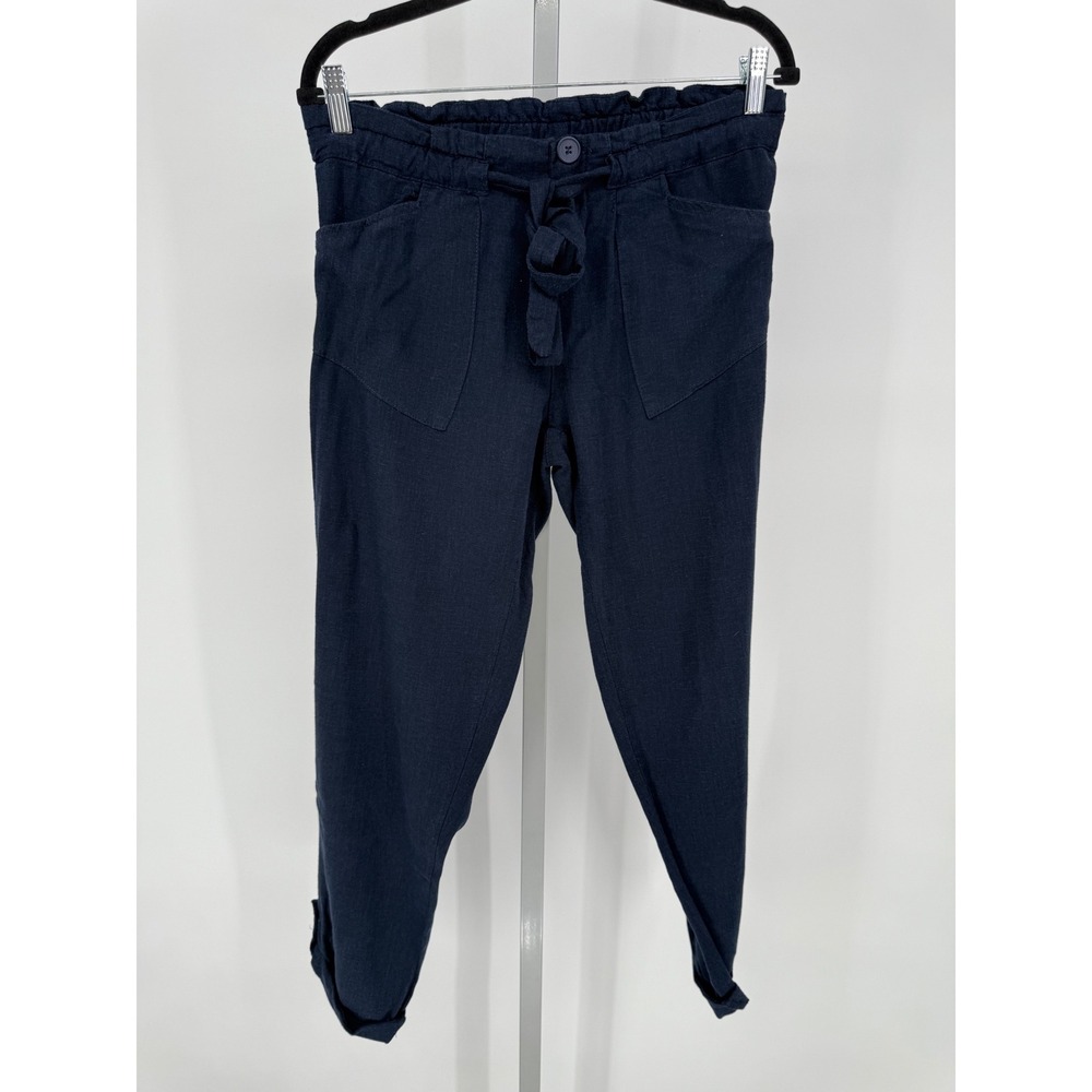 Alya Linen Blend Paper Bag Waist Pants Navy‎ Blue Women's Medium Casual